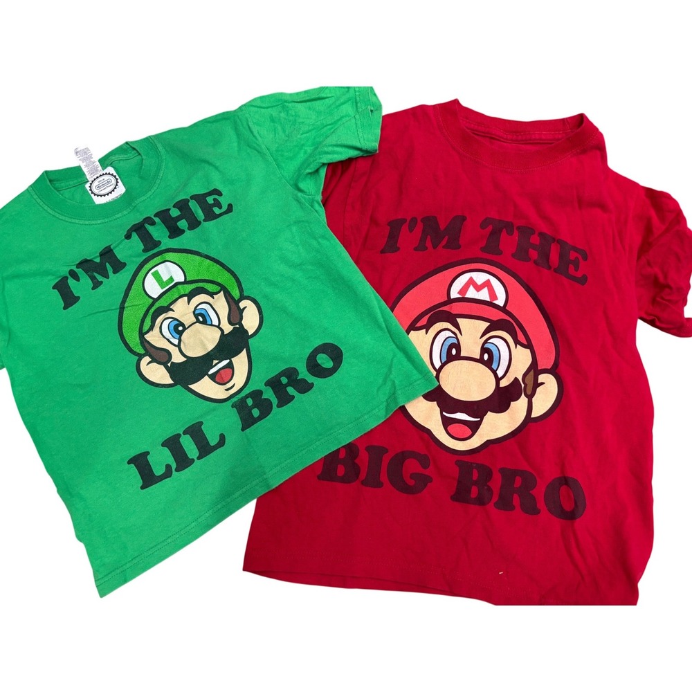Nintendo Super Mario Luigi Big Bro Med Lil Bro 6-8 Matching T-Shirt Set Boys S M